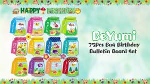 BeYumi Birthday Bulletin Board Decorations - 75Pcs Bug Birthday Bulletin Board Set Bug Insect Happy Birthday Border Trim Decor Months Mason Jar Cutouts Birthday Calendar School Classroom Chalkboard