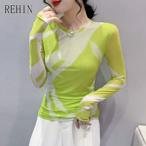 REHIN Womens top Autumn fashion mesh print long-sleeved T-shirt slim and thin round neck blouse