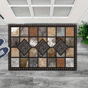VIKAMA Vintage Metal Tile Mosaic Marble Bronze Pattern Art Crystal Velvet Door Mat Non Slip Entryway Bedroom Living Room Home