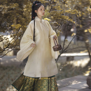 Rui Yang Ming Dynasty Style Long Coat Womens High Collar Side Buttoned Woven Gold Silk Floral Long Shirt Spring Summer Hanfu