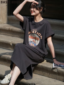 Váy T-shirt Tay Ngắn Rộng Rãi Thường Ngày Cho Nữ Mùa Thu Đông Cotton in Họa Tiết Váy Công Sở Váy Chữ a