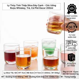 Bộ 12 Cốc Thủy Tinh Thấp 200ml Slice Đáy Cạnh - Ly Uống Rượu Whisky Nước Ép Trà Đá Decor Bàn Ăn