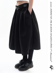 Simple Black Bloomer Skirt Mid-Length Womens Dress Polyester Fabric A-Line Silhouette Natural Waist Spring Season