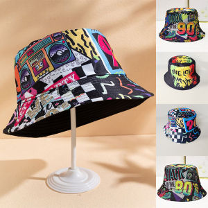 หมวกถังฤดูร้อนวินเทจ Y2K ผ้าฝ้ายพิมพ์ลาย80S 90S ผู้หญิงผู้ชายหมวกชาวประมงกลางแจ้งหมวกบังแดดแฟชั่น