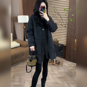 YUFUQING | Black Diamond Patterned Mid-Length Cotton Jacket Womens Winter Coat Large Size Single Button Polyester Fiber Long Sleeve