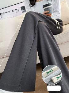 LANGPIN | กางเกงขายาวทรงตรงผ้าถักเอวสูงสำหรับผู้หญิง กางเกงขายาวทรงตรงผ้าผสมคอตตอนและโพลีเอสเตอร์สำหรับฤดูใบไม้ผลิและฤดูใบไม้ร่วง