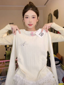 Ballet Style Long Sleeve Womens T-Shirt Lace Trim Knitted Slim Fit Shoulder Butterfly Knot Creative Commute Korean Version