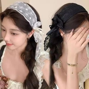 แถบคาดผมลูกไม้แสนหวานสไตล์เกาหลี2ชิ้นมีโบว์ริบบิ้นสำหรับห่อผมสีดำสีขาวแนววินเทจเครื่องประดับเครื่องประดับผมงานแต่งงาน