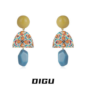 Digu Retro Ethnic Style Color Collision Long Resin Earrings Exaggerated Design Sense Fashion Jewelry Ear Decor for Women