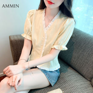AMMIN Korean version of the womens short-sleeved design sense wooden ear edge chiffon blouse 2023 summer new thin V-neck high waist short section bubble sleeve chiffon Tops tide