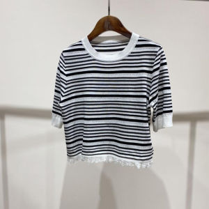Shalldoer | Knot Trim Round Neck Short Sleeve Knitwear Womens Loose Fit Summer New Style Striped Top Fashionable Versatile Short Length