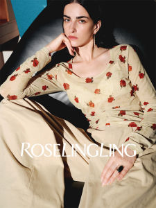 Original Rose Print Long Sleeve Top Elegant Waist Cinching Mesh Upper Body for Women Casual Style Summer Polyester Fiber