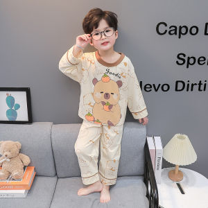 New 2025 Cotton Pajamas for Boys Spring Autumn Summer Home Wear Air Conditioning Suit Baby Capybara Cartoon Cute Style Long Sleeve round Neck