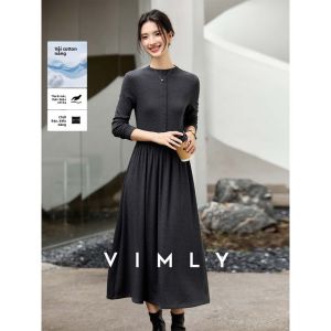 Vimly | Đầm Maxi Giảm Cân Đơn Giản Màu Xám Knitted Cổ Tròn