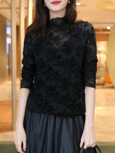 QINGNAER | Large Size Womens Retro Lace Mesh Long Sleeve Blouse