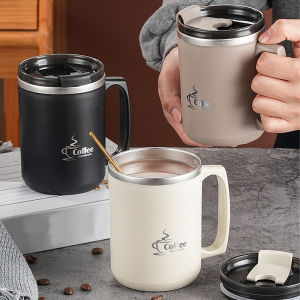 450ML Thermos Mug 304 Stainless Steel Double Wall Insulated Milk Coffee Cup With Handle & Lid Leak-proof Drinking Cup Drinkware