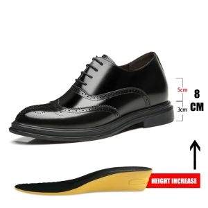 RUCHI Men Brogue Genuine Leather Shoes Man Dress Shoes Elevator Formal Shoes Platform High Heel 3/6/8 Cm Height Increase Casual Shoes