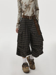 American Retro Plaid Wide Leg Pants Casual Summer New Style Seven Workwear Trousers Floor-Length Draping Comfortable Womens Pants