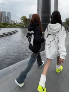 American Style Streetwear Heavyweight Pure Cotton Hoodie Womens New 2024 Flash Print Fleece Lined Autumn Winter Jacket Trendy