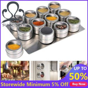 SUNNYBEST 3/4/6/9/12PCS Magnetic Spice Jars With Wall Mounted Rack Stainless Steel Spice Tins Spice Seasoning Containers