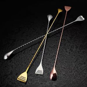 Gold Plated 304 Stainless Steel Cocktail Shaker with Fine Thread Long Handle Coffee Stirrer Built-In Ice Strainer Bar Spoon