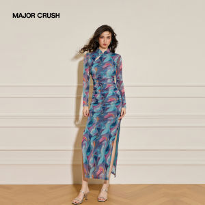 Spring Summer 2026 Chinese Style Night Sky Rainbow Artistic Print Waist Cinched Dress