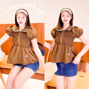 AimornShopp เสื้อคอบัว แขนตุ๊กตา สม็อคช่วงอก แต่งกระดุมเก๋ๆ ชายระบาย พรางหุ่น ดีเทลสวยมาก