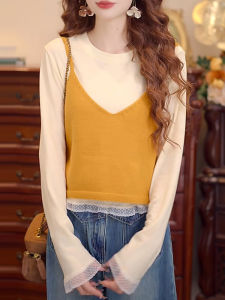 เสื้อเชิ้ตแขนยาวผ้าถักสไตล์เกาหลีสำหรับผู้หญิง ชุดสองชิ้น ชุดฤดูใบไม้ผลิและฤดูใบไม้ร่วง ชุดเสื้อเชิ้ตผ้าลูกไม้ ชุดเสื้อกั๊ก