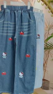 Denim Baggy Pants for Kids Girls 5-12 Years Old Korean Style Cute Embroidered Design Maong Pantalon for Girls