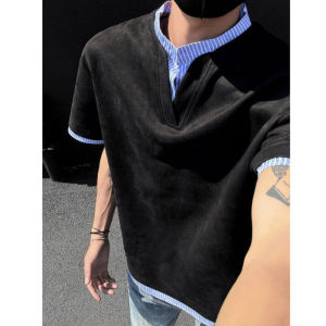 Summer Sporty Mens Polo Shirt Half Sleeve V-Neck Striped Patchwork Henry Collar Breathable Lightweight Fashionable T-Shirt