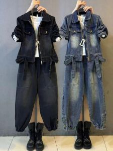 พลัสไซส์ สตรีทสไตล์ เดนิม เสื้อแจ็คเก็ต และ กางเกงขายาว ชุด ลำลอง พรางหุ่น แฟชั่น ฤดูใบไม้ผลิ คอลเลกชัน ผู้หญิง Ensemble Long Sleeve Polo Neck