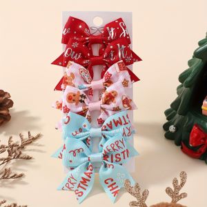 6Pcs/Set Kids Christmas Hair Accessories Santa Claus Print Hair Clips Bows Hairpins Girls Hair Decor Headdress Gifts
