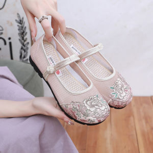 Beijing Ladies Flat Bottom Embroidered Cloth Shoes Summer Style Floral Patterned Mesh Retro Hanfu Footwear Breathable Slip-On