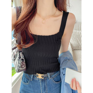 เสื้อกั๊กถักสีดำคอเหลี่ยม แขนกุด สำหรับผู้หญิง ช่วงฤดูร้อน 2024 ทรงเข้ารูป ปกปิดหน้าอก ชั้นใน ชุดชั้นใน ชุดชั้นใน