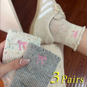 3คู่โบว์สีชมพูหวานถุงเท้าผ้าฝ้ายผู้หญิงหญิงสาวฤดูร้อนถุงเท้าลำลองกลวงถุงเท้าข้อต่ำฤดูใบไม้ผลิสีสันสดใส
