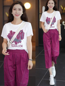 Casual Sportswear Set Womens Summer New Short Sleeve Loose Print T-shirt plus Seven Pants Two-piece Set Cotton round Neck Half Zip