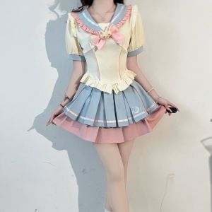 Bộ Váy Ngắn Tay Phong Cách Hàn Quốc Dễ Thương Cạp Cao Có Nơ Bướm Ngọt Ngào Cay Nồng Bộ Váy Sinh Viên JK Phong Cách Ngọt Ngào