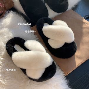 รองเท้าแตะขนกระต่าย 100% ส้นหนาเพิ่มขึ้น 7 ซม. ฤดูใบไม้ร่วง ฤดูหนาว เวอร์ชั่นเกาหลีสีเย็บปะติดปะต่อกันรองเท้าแตะขนกระต่าย