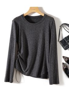 Slim Fit Long Sleeve Womens Base Shirt Drawstring Casual Style Bright Thread Embellished Side Pleated Meat Concealing Short Top