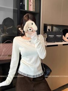 เสื้อสเวตเตอร์คอตั้งแขนยาวผู้หญิง 2025 ฤดูใบไม้ร่วง/ฤดูหนาว เสื้อชั้นในผ้าถักลายลูกไม้ ทรงเข้ารูป ปกติ แขนยาว ปกติ