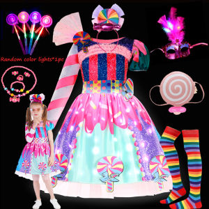 LED Light 2025 Girls Candy Lollipo Dress for Girls Purim Cosplay Costume Children Fancy Mesh Pink Dress Carnival Party Ball Gown