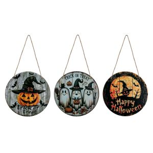 Halloween Wooden Round Hanging Sign Pumpkin Ghost Broom Bat Ornaments Halloween Home Wall Door Decor Haunted House Supplies 2025