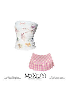 เสื้อกล้ามแขนกุดพิมพ์ลายสไตล์อเมริกันย้อนยุค MoXiuYi Kajimi Sweetheart เสื้อผ้าทำงานฤดูใบไม้ผลิสำหรับผู้หญิงไซส์ใหญ่