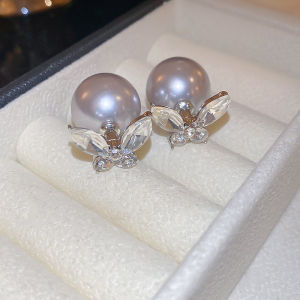 Double-Sided Silver Needle Embedded Diamond Butterfly Artificial Pearl Earrings Womens Fashion Jewelry Elegant Simple Design