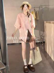 Summer Vintage Loose Womens Short Sleeve Shirt Tea Break Style Gradient Dyeing Asymmetrical Slit Slimming Versatile Top