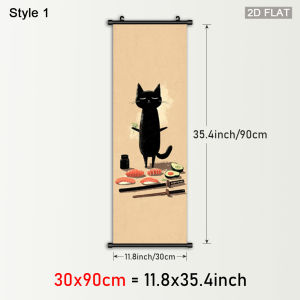 VIKAMA Japanese Black Cat Sushi Roll Tapestry Cute Cat Eating Salmon Wall Decoration Kitchen and Dining Room Home Decor