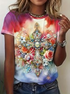 Pastel Tie-Dye Womens Tee - Ornate Jeweled Cross & Floral Graphic Luxe Embellished Religious Design for Casual Daily Wear