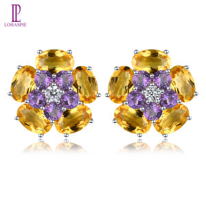Lohaspie Jewelry Genuine 5.5 Carats 925 Sterling Silver Stud Earring Natural Citrine Stud Earring Genuine Citrine Stone Earrings Multicolor Gemstone Women Fashion Earring Jewelry