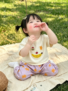 Girls Summer Cartoon Short Sleeve Top and Pants Set Thin