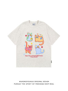 WUKONGYOUHUO | Cat Pattern Plaid Embroidered Short Sleeve T-shirt